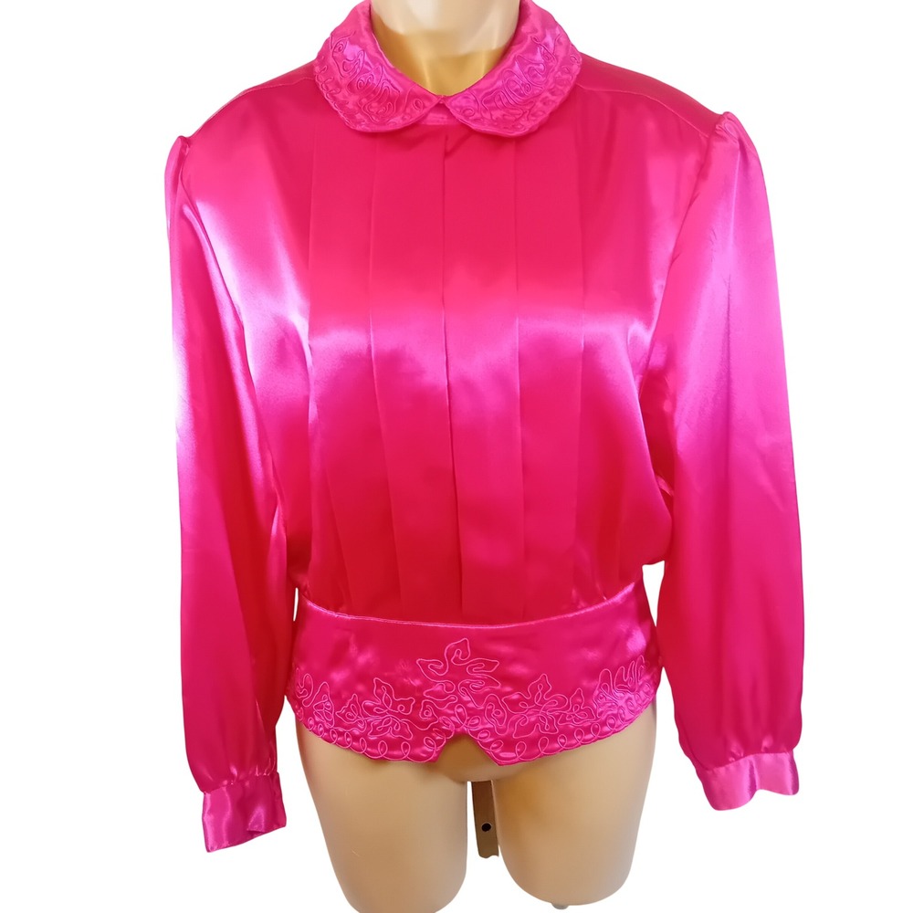 Vintage 80s Bay Club Pink Satin Blouse Embroidered Peplum Tuxedo Formal Top 14
